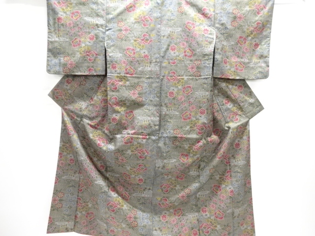 JAPANESE KIMONO / DORO OSHIMA TSUMUGI (5 maruki) / WOVEN PEONY & KIKU 